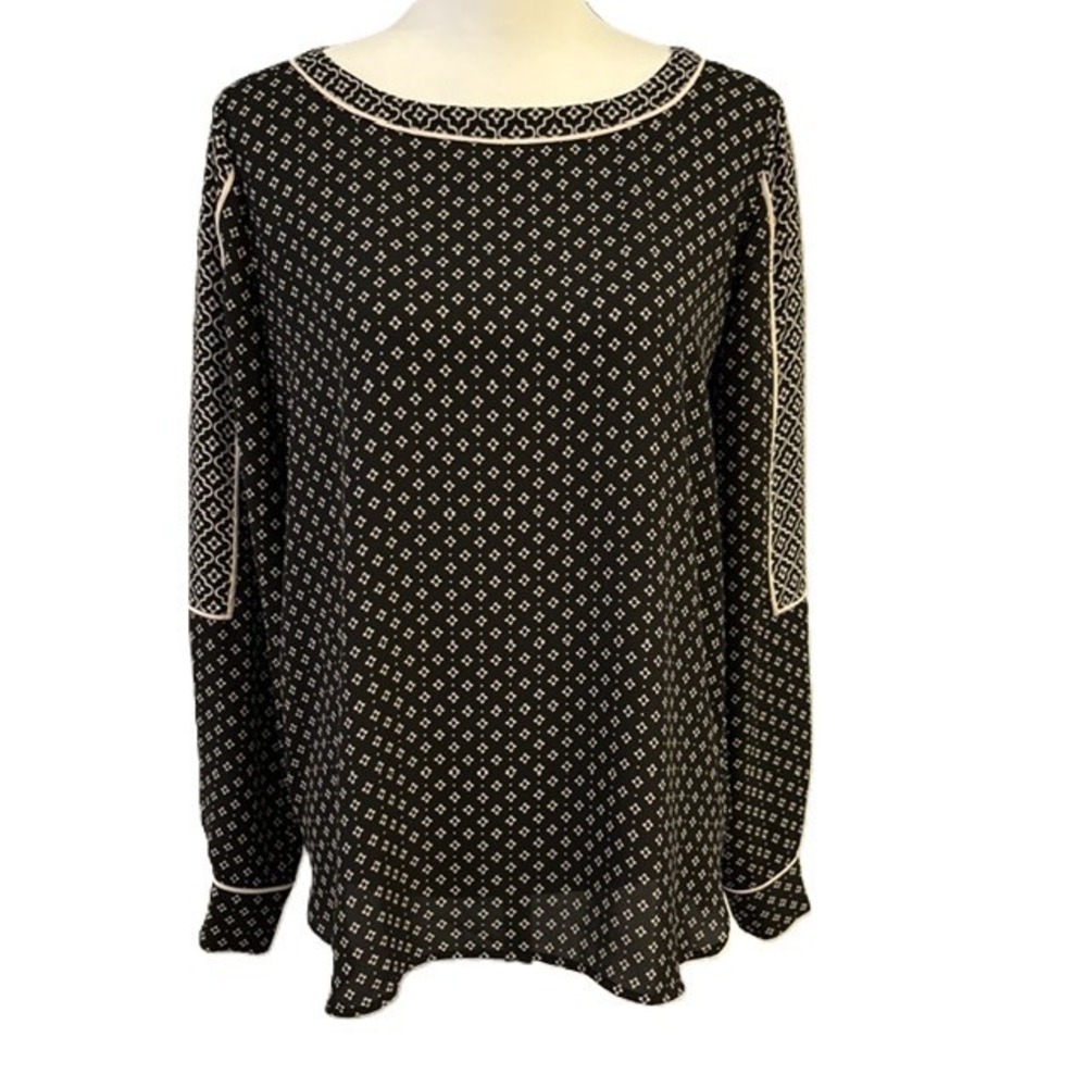 LOFT Blouse Black Ivory Geometric Diamond Print Women Small Excellent